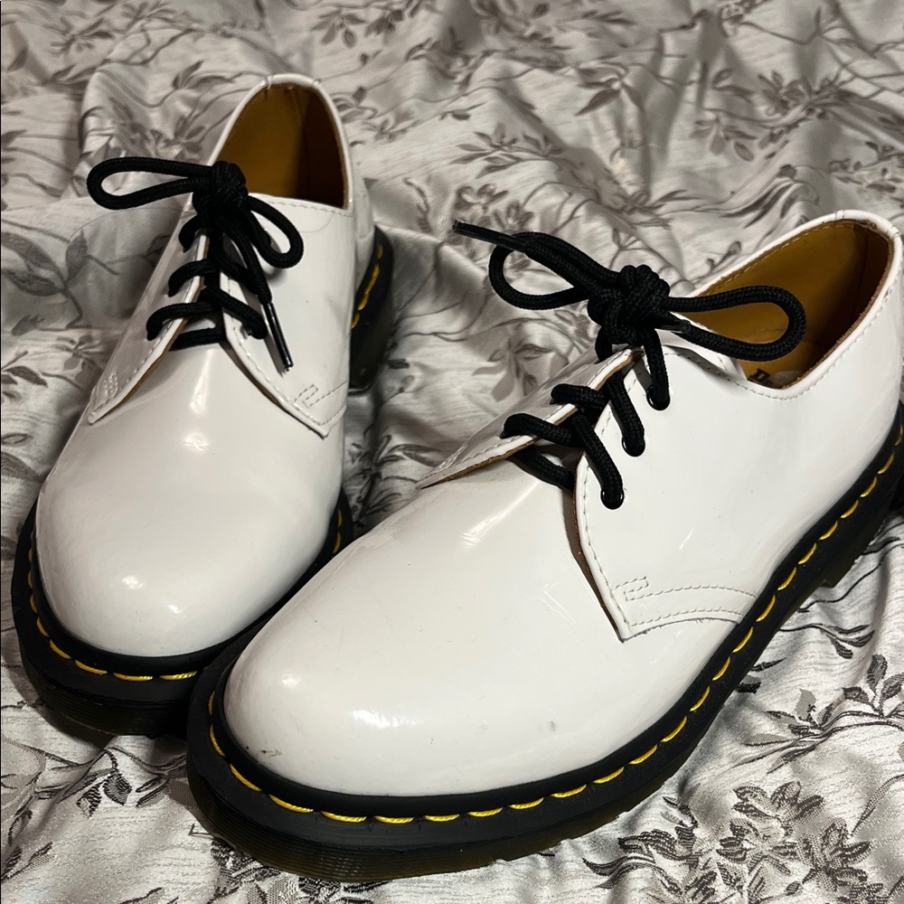 Dr. Martens White Shoes with Black Laces and Yellow Soles